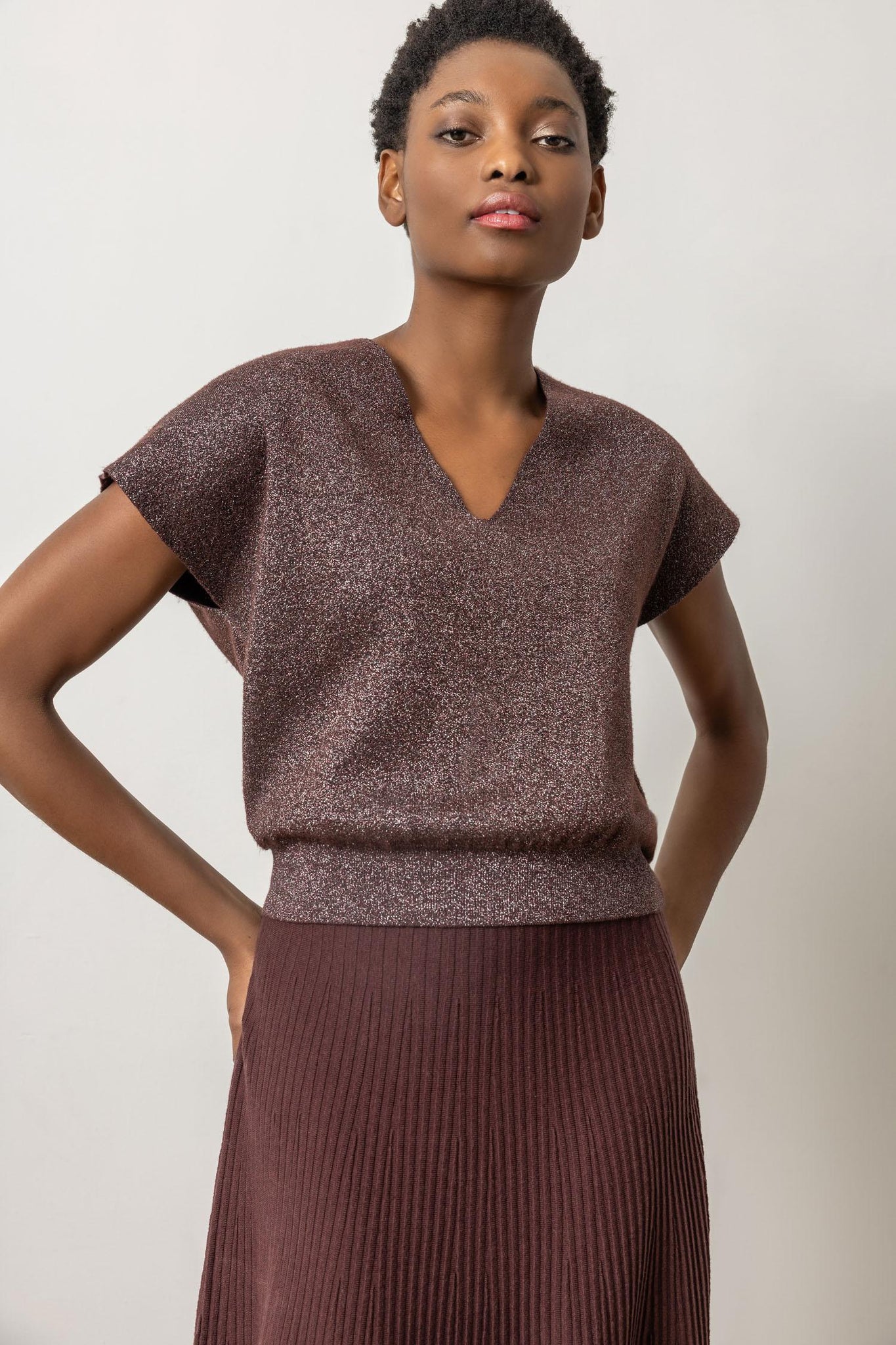 Lilla P Metallic V-Neck Sweater - Port Sparkle