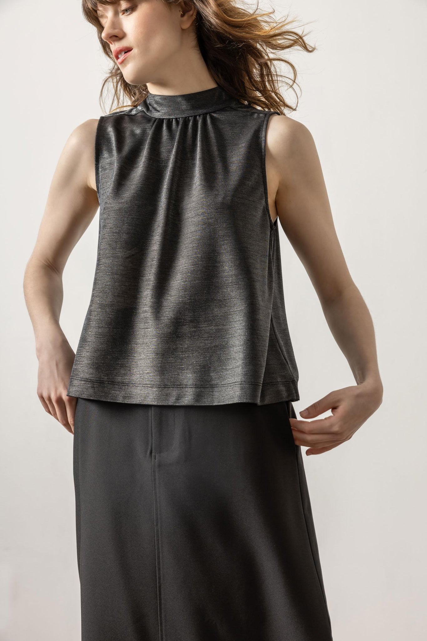 Lilla P Sparkle Sleeveless Mock Neck Top - Black Sparkle