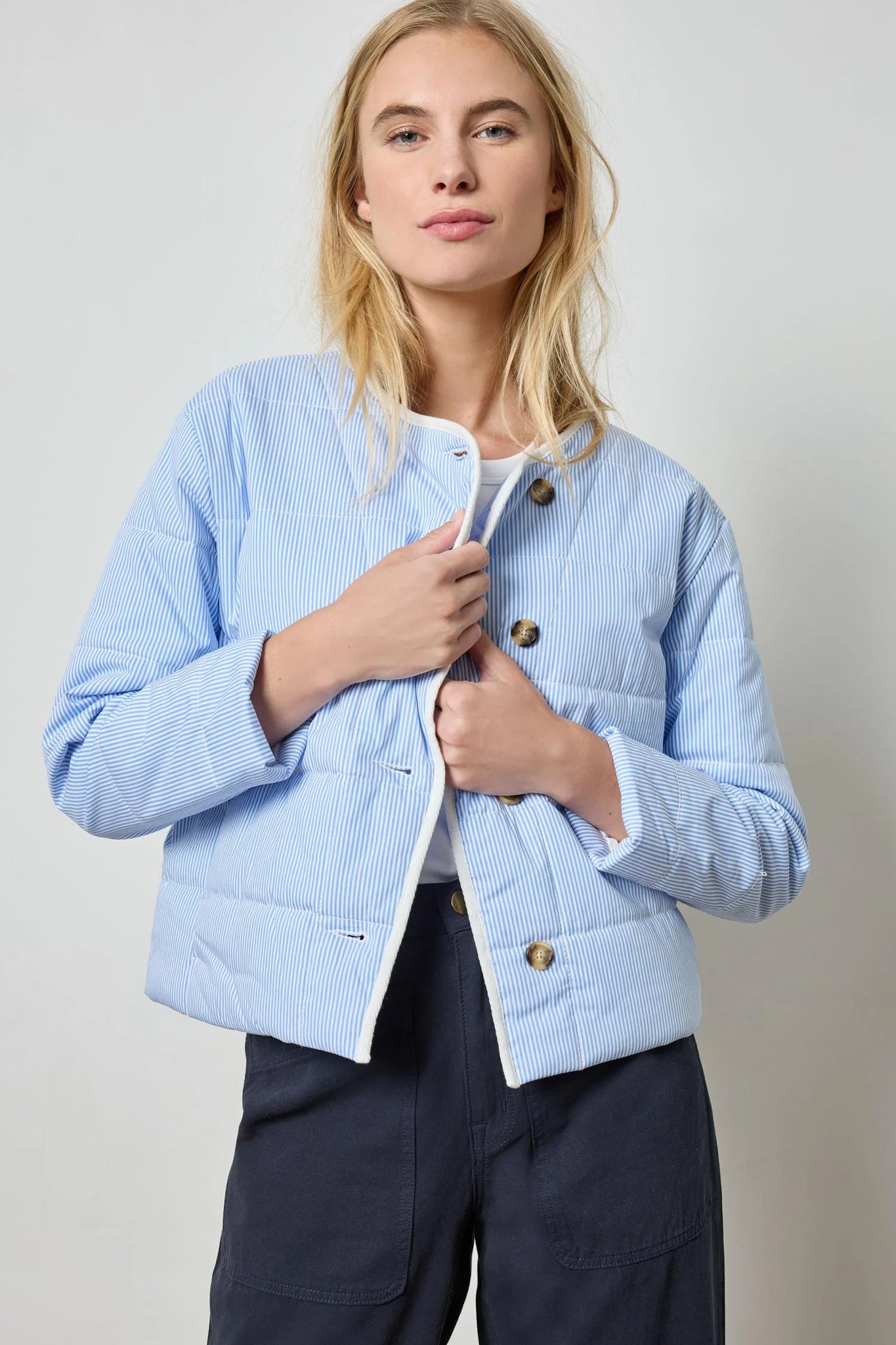 Lilla P Striped Collarless Jacket - Blue Stripe