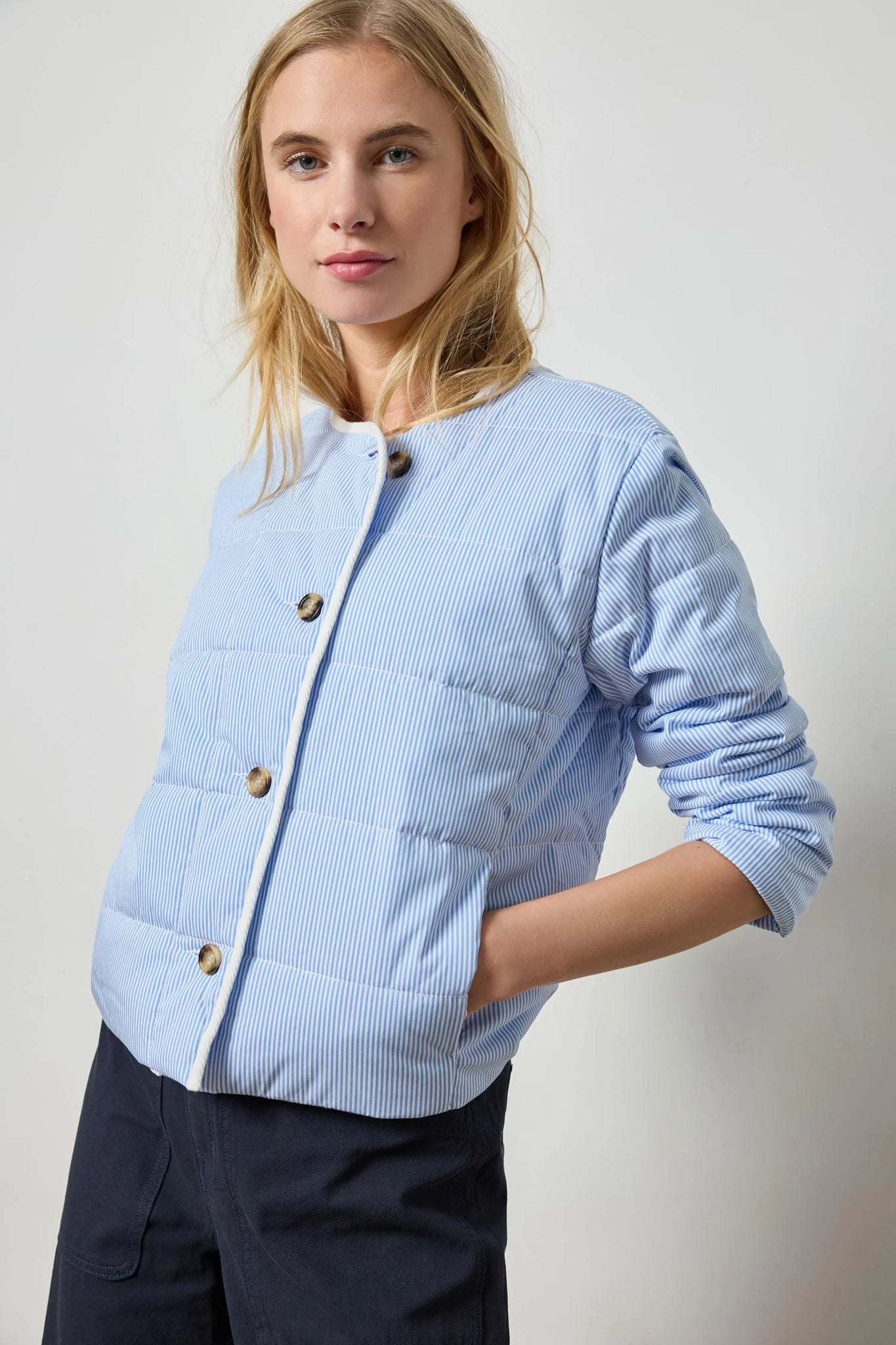 Lilla P Striped Collarless Jacket - Blue Stripe