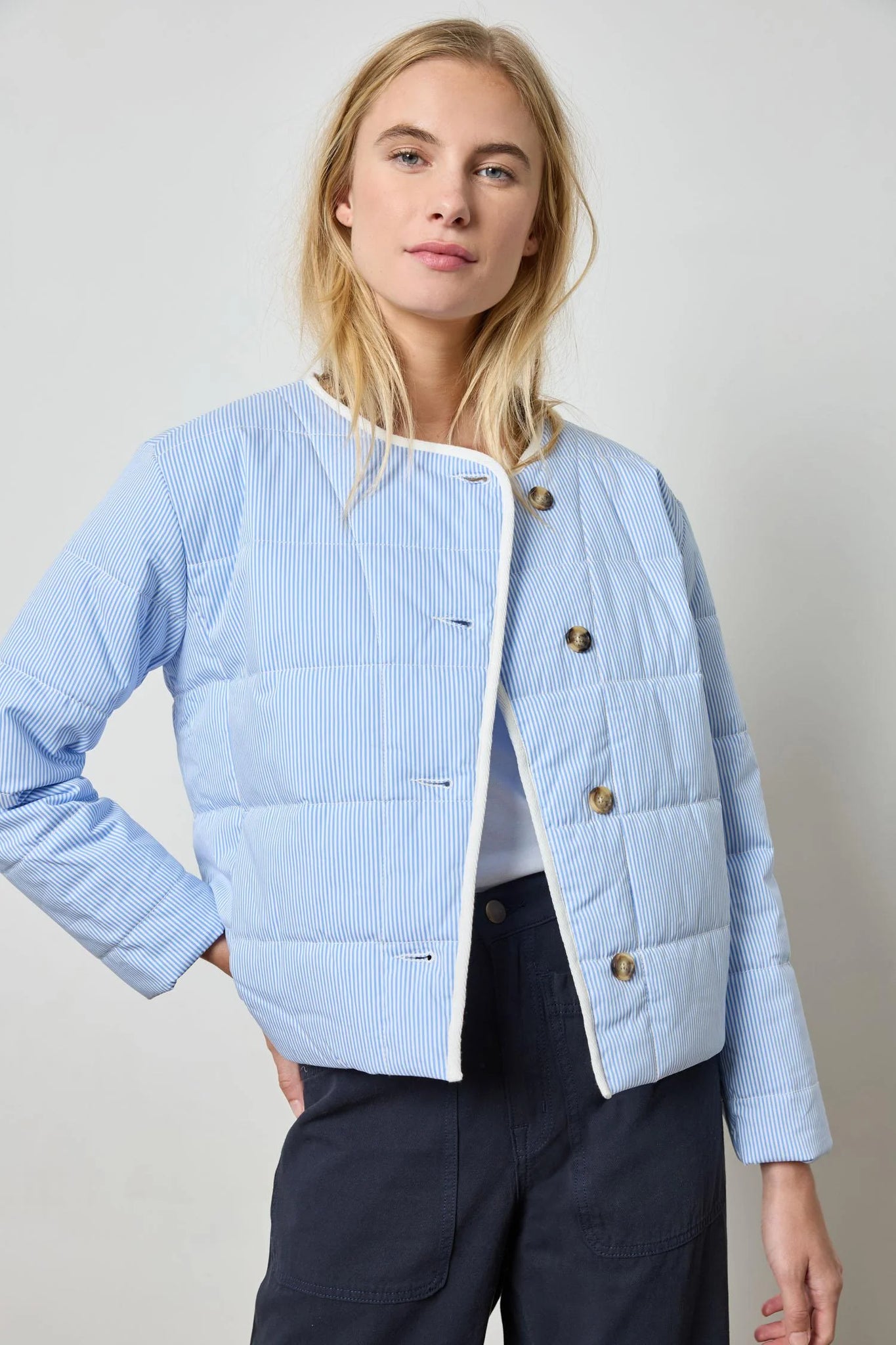 Lilla P Striped Collarless Jacket - Blue Stripe