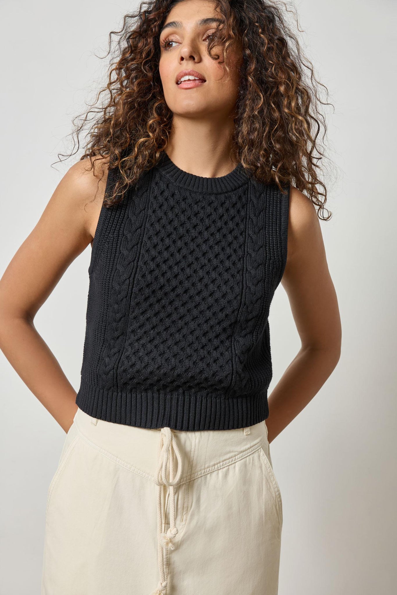 Lilla P Cropped Cable Tank Sweater - Black