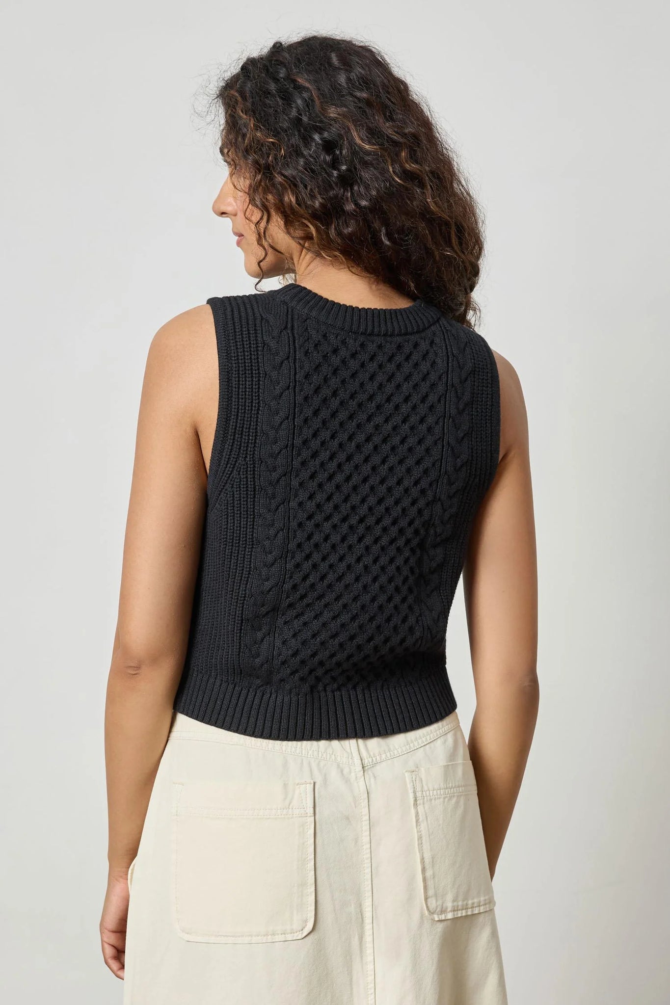 Lilla P Cropped Cable Tank Sweater - Black