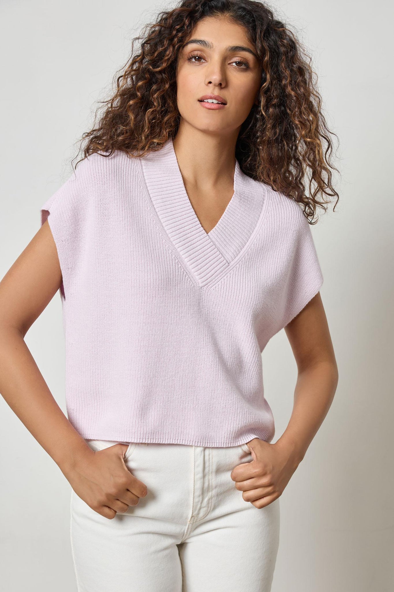 Lilla P Wide Trim V-Neck Sweater - Freesia