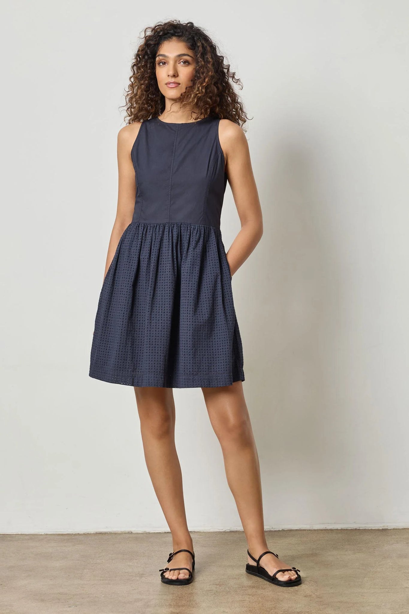 Lilla P Eyelet High Neck Mini Dress - Navy