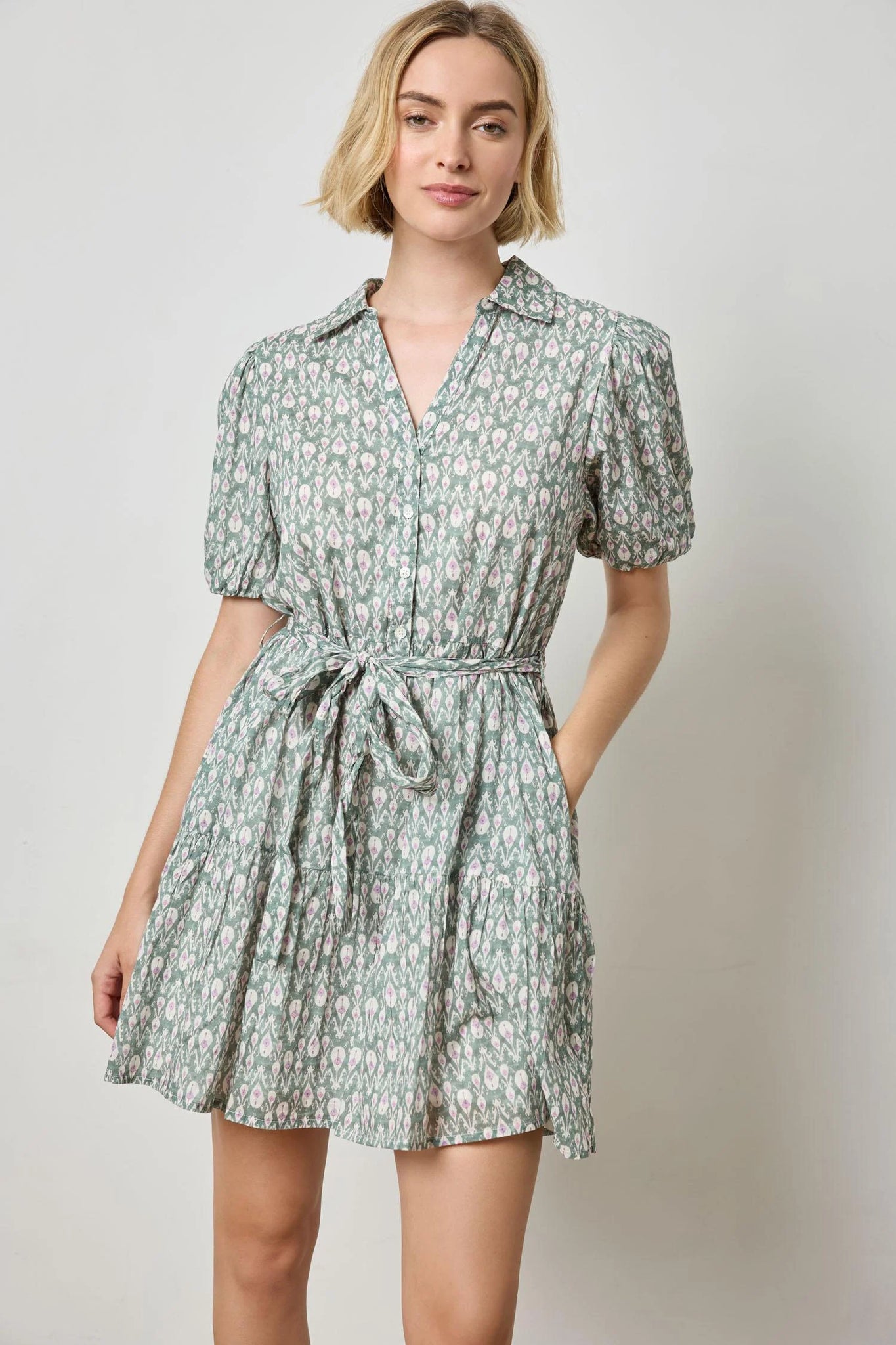 Lilla P Short Sleeve Tiered Peplum Dress - Seagrass Print