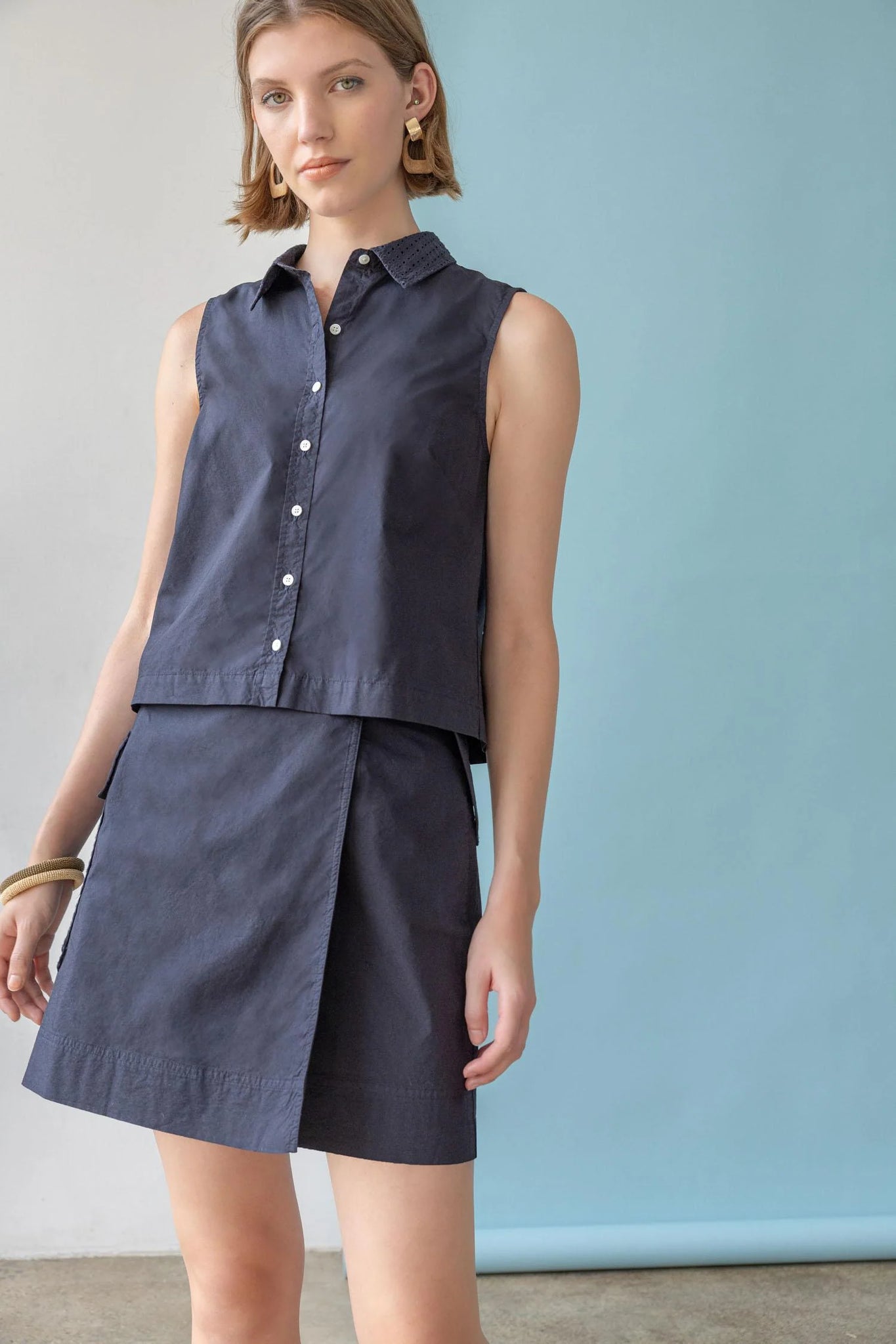 Lilla P Eyelet Collar Sleeveless Shirt - Navy