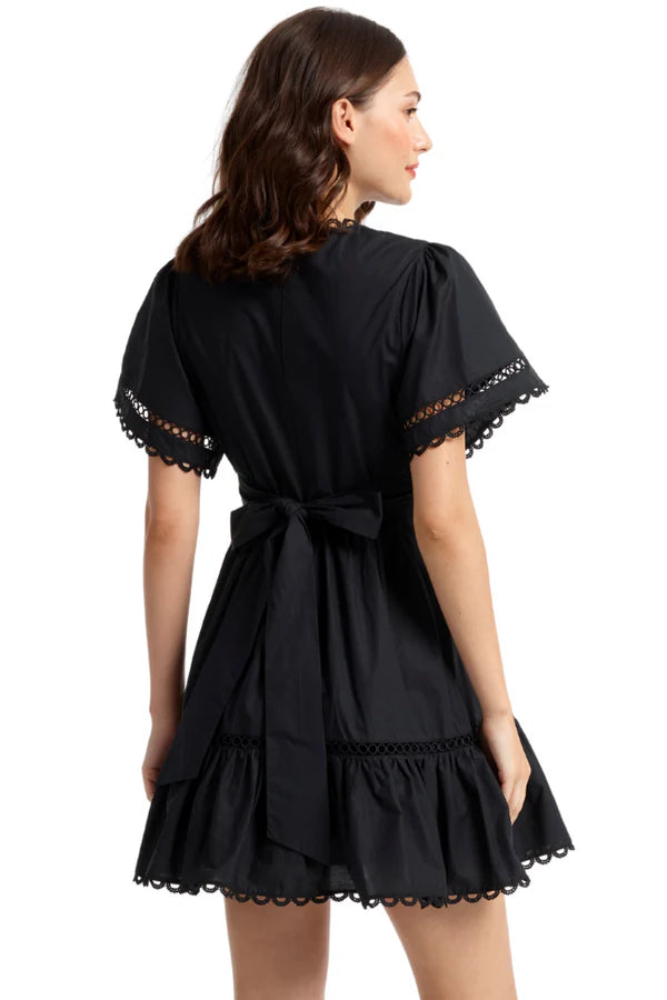 Stellah Lace Trim Tie Back Mini Dress - Black