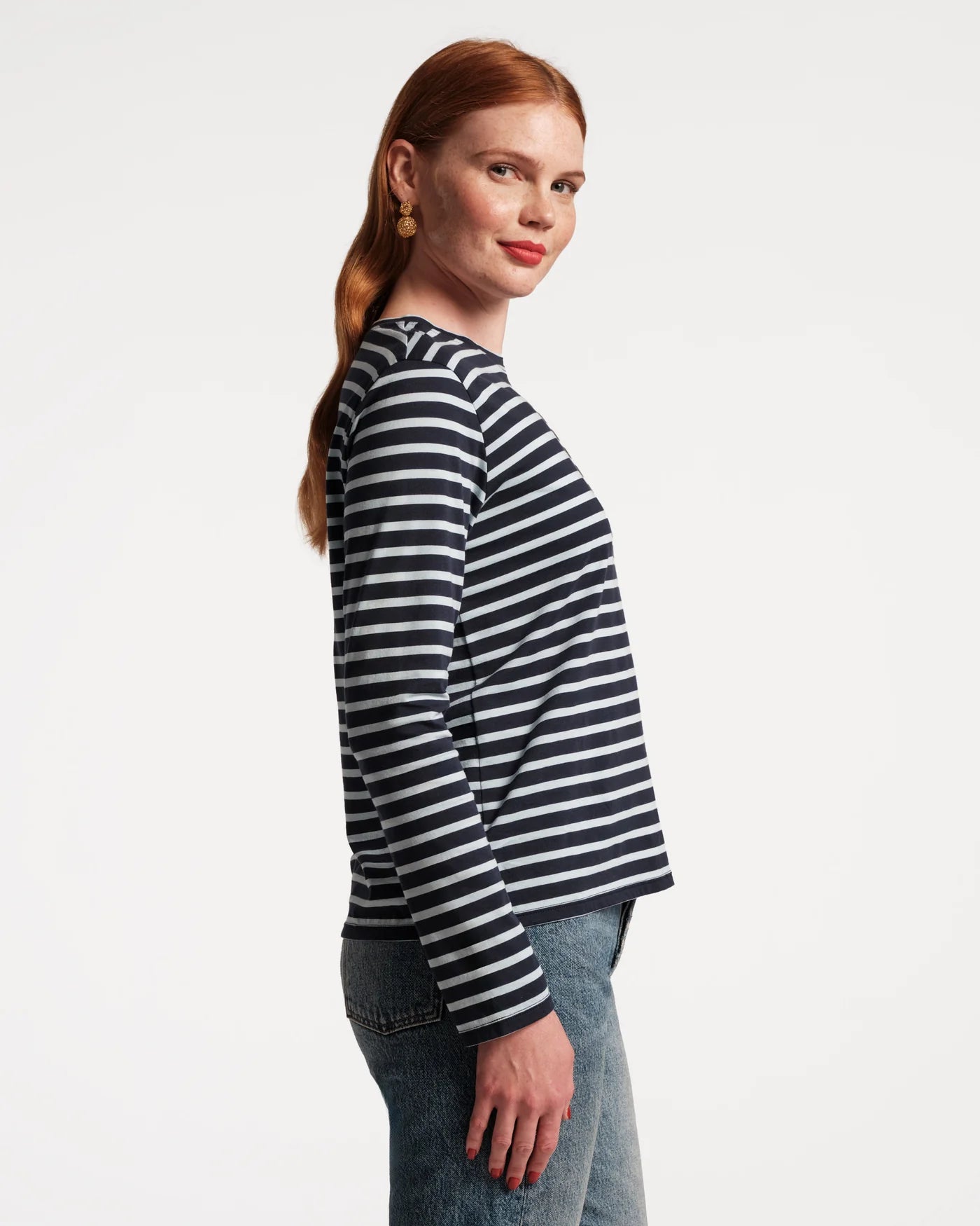 Frances Valentine Long Sleeve Striped Tee Shirt - Navy Light Blue