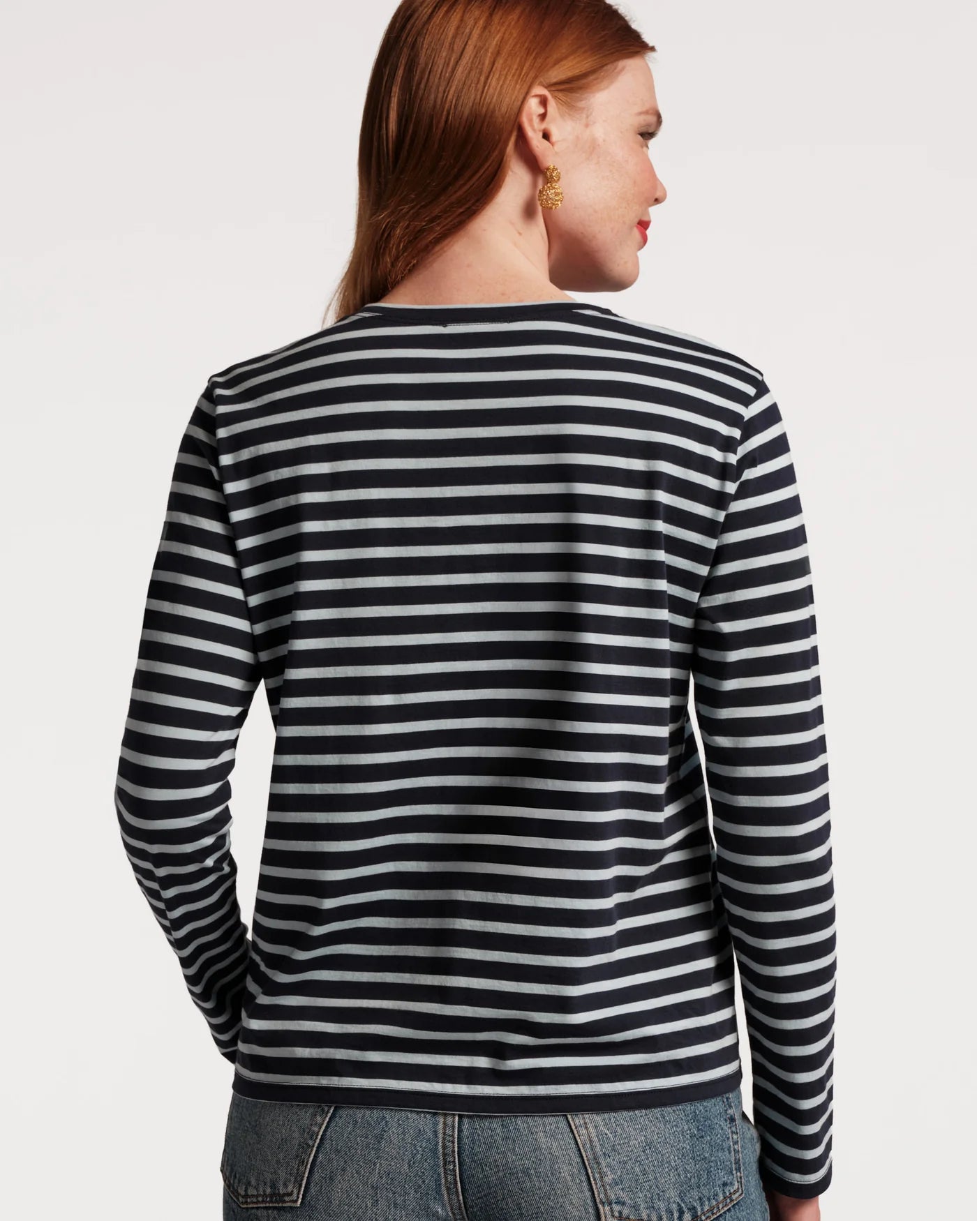 Frances Valentine Long Sleeve Striped Tee Shirt - Navy Light Blue