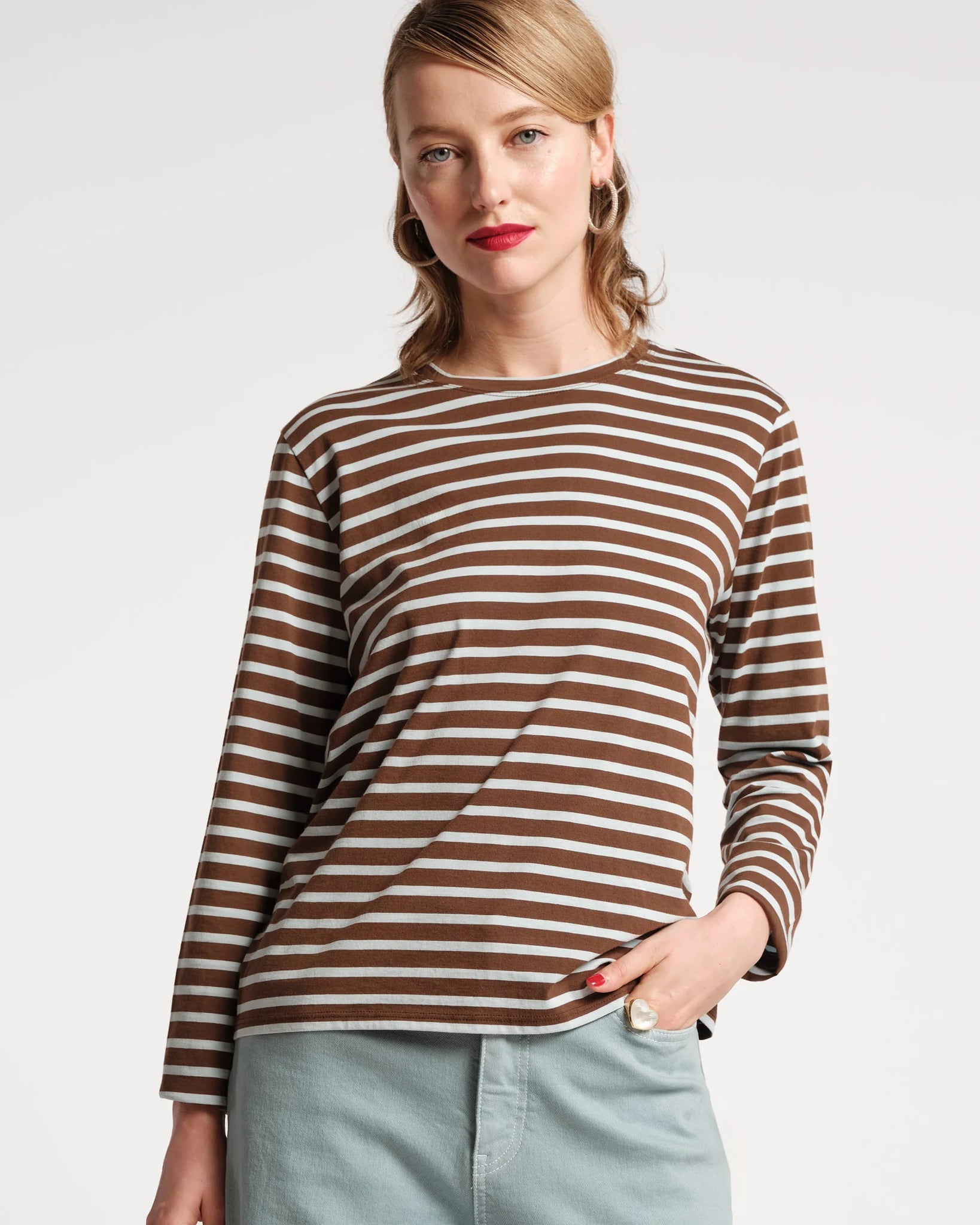 Frances Valentine Long Sleeve Striped Tee Shirt - Chocolate/Light Blue