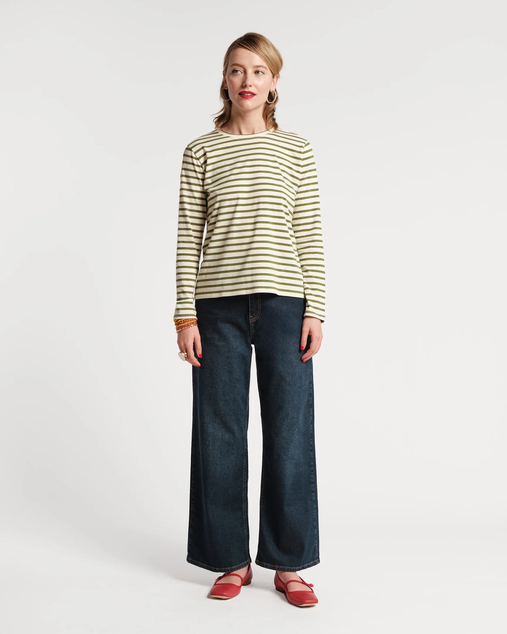 Frances Valentine Long Sleeve Striped Tee Shirt - Green Oyster