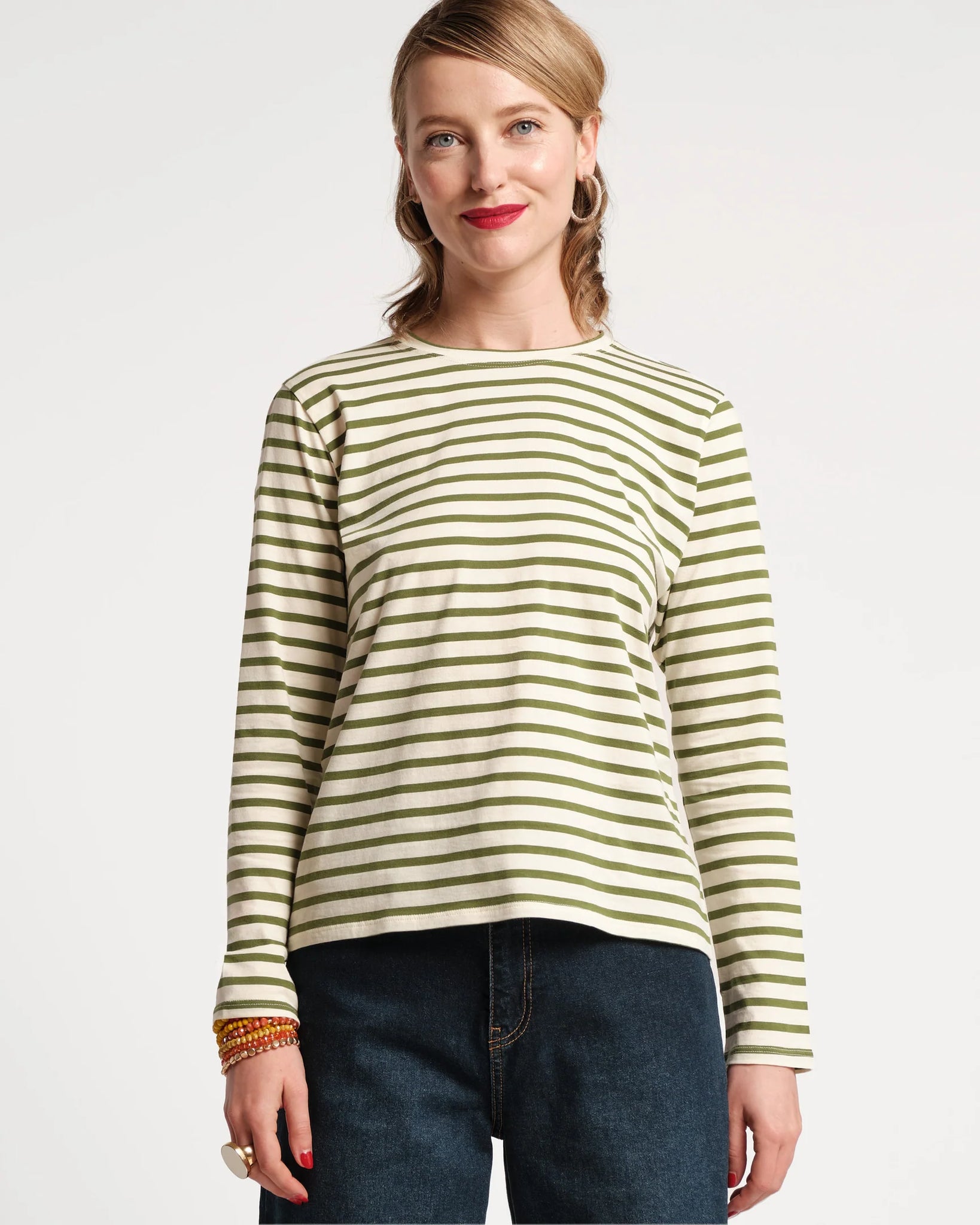 Frances Valentine Long Sleeve Striped Tee Shirt - Green Oyster