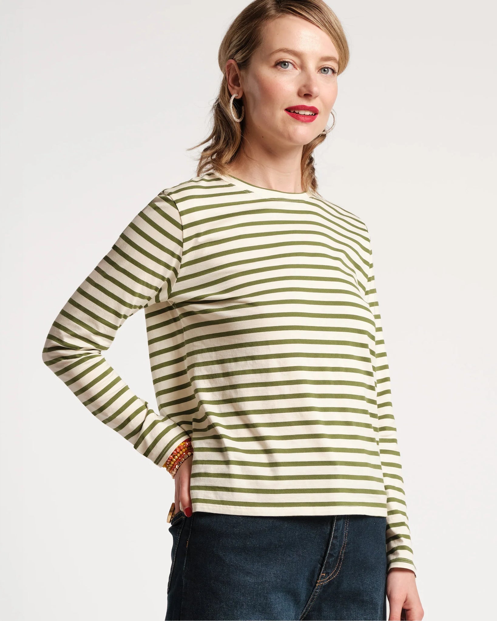 Frances Valentine Long Sleeve Striped Tee Shirt - Green Oyster