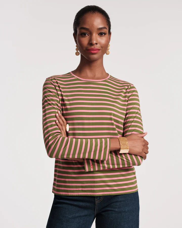 Frances Valentine Long Sleeve Striped Tee Shirt - Green/Pink