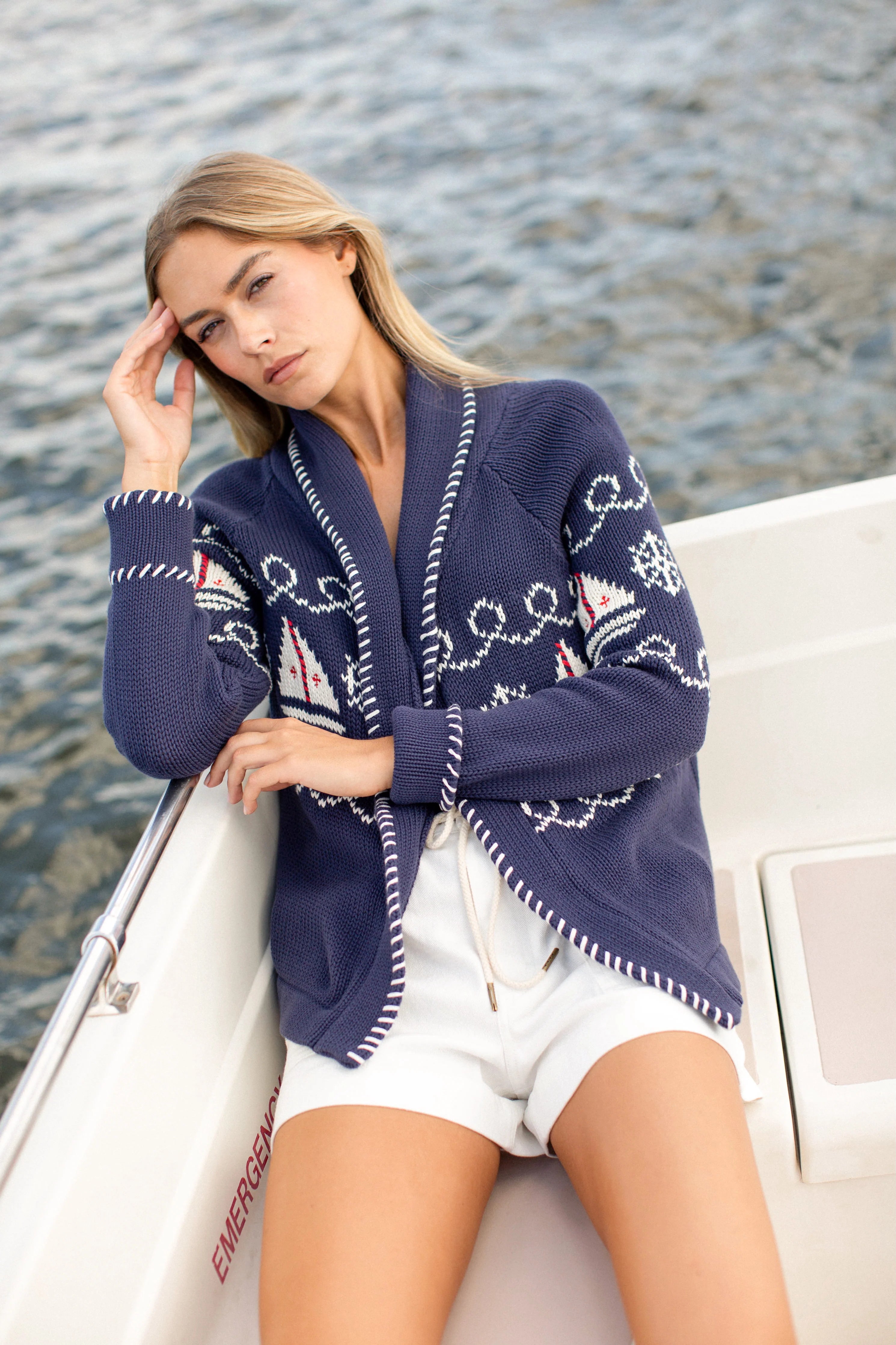 Marea Shawl Cardigan Nautical Intarsia - Navy – Batik Chicago