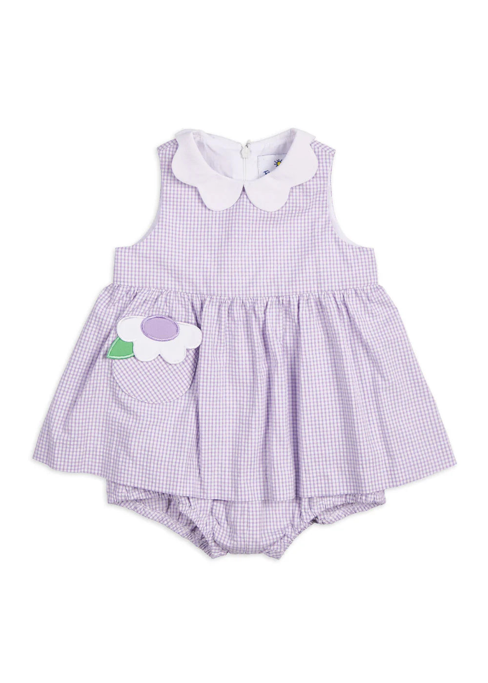 Florence Eiseman Check Seersucker Romper w/ Flower - Lavendar/White