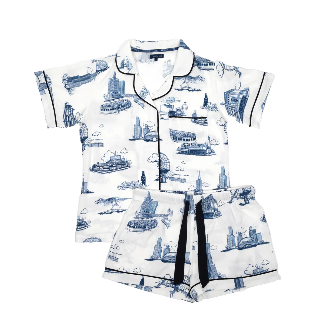Katie Kime Chicago Toile Pajama Shorts Set - Navy