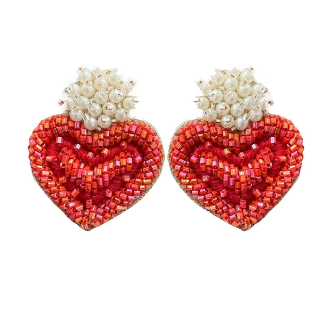 Beth Ladd Collections Heart Earrings - Red with Pearl Clusters