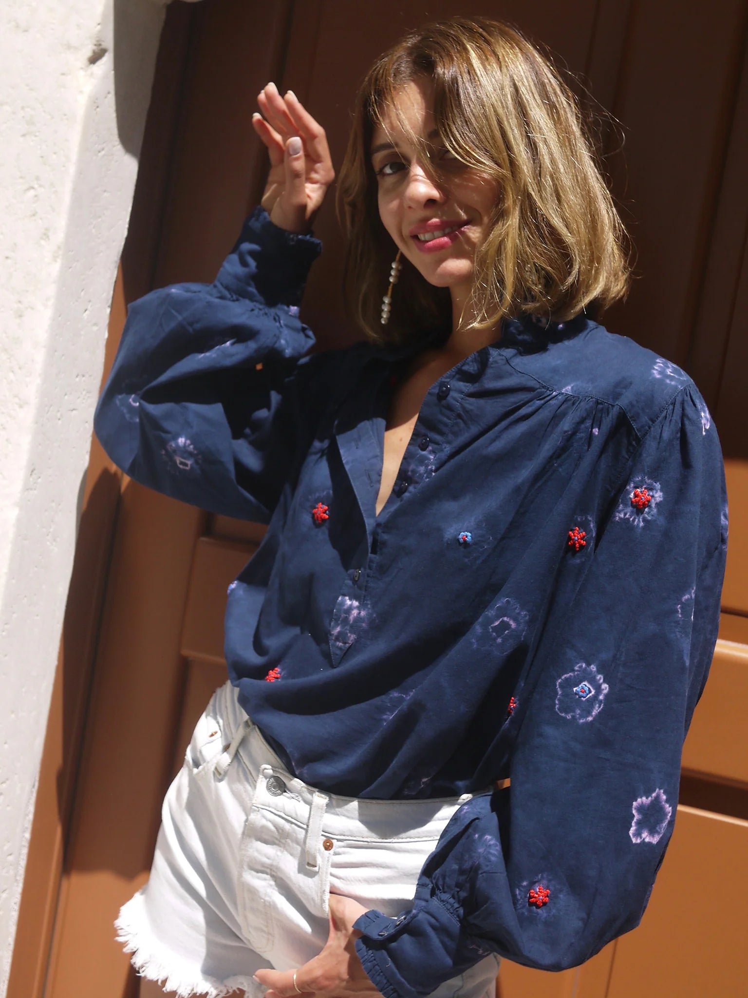 Buggy NYC Zoe Blouse - Navy Shibori Flowers