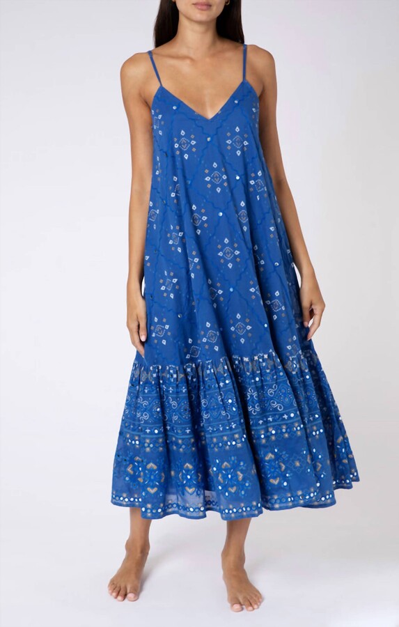 Juliet Dunn Midi V-Neck Dress with Mosaic Mirror Embroidery - Royal Blue