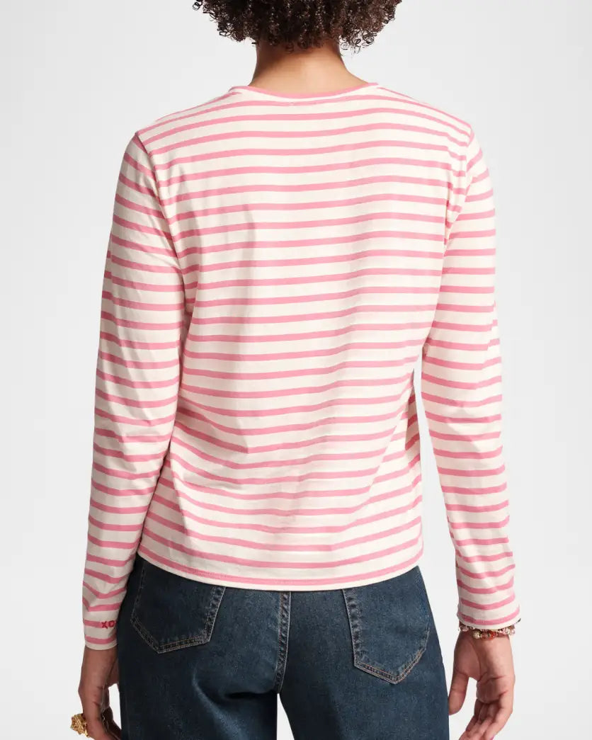 Frances Valentine Long Sleeve Striped Tee Shirt - Oyster/Pink