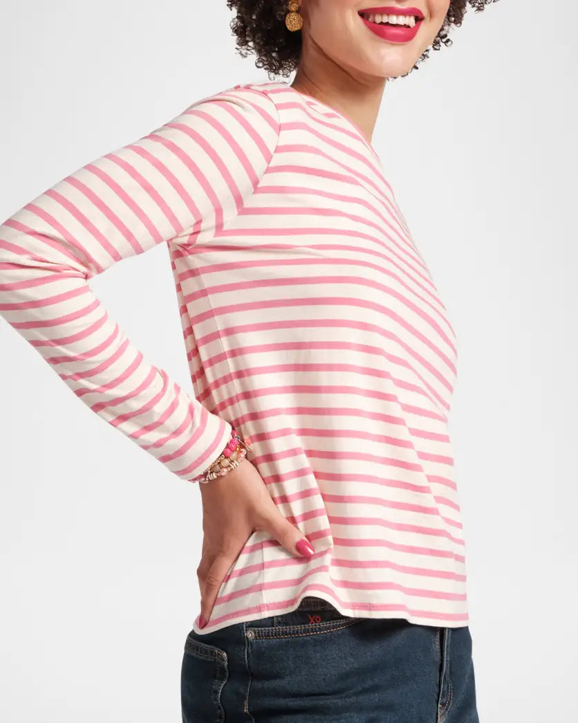 Frances Valentine Long Sleeve Striped Tee Shirt - Oyster/Pink