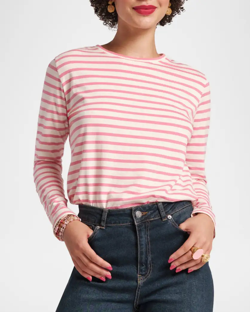 Frances Valentine Long Sleeve Striped Tee Shirt - Oyster/Pink