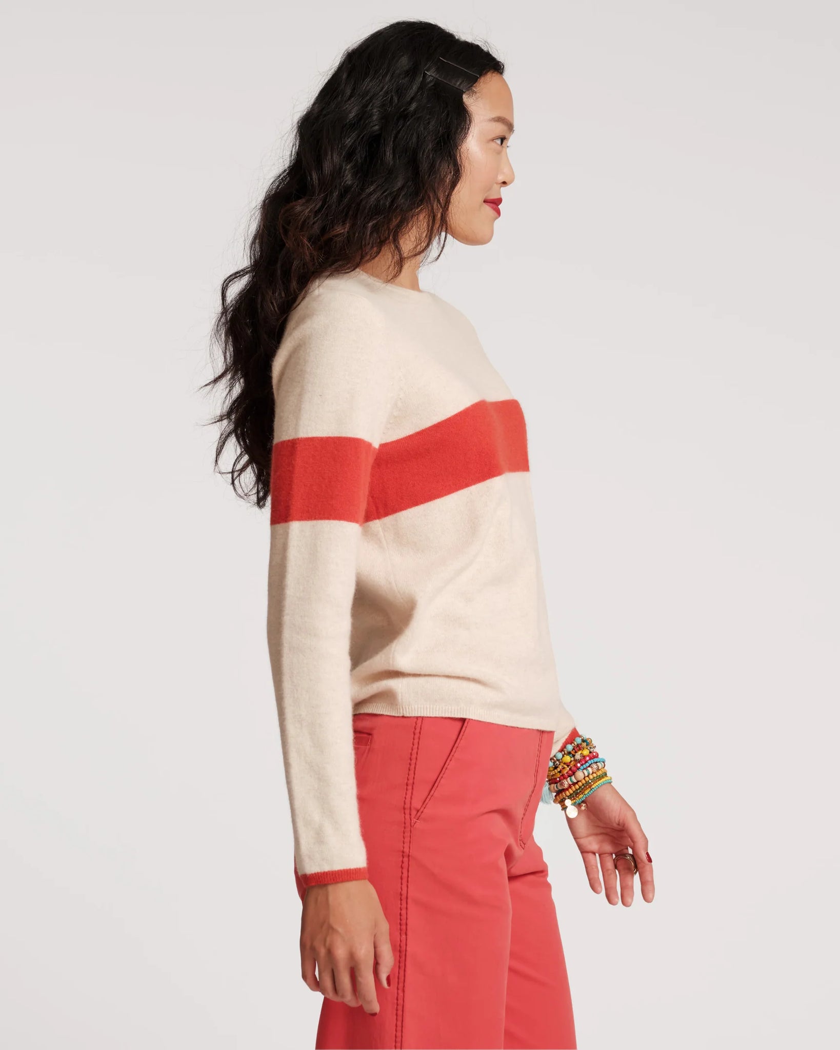 Frances Valentine Spencer Crewneck Colorblock - Oatmeal/Orange