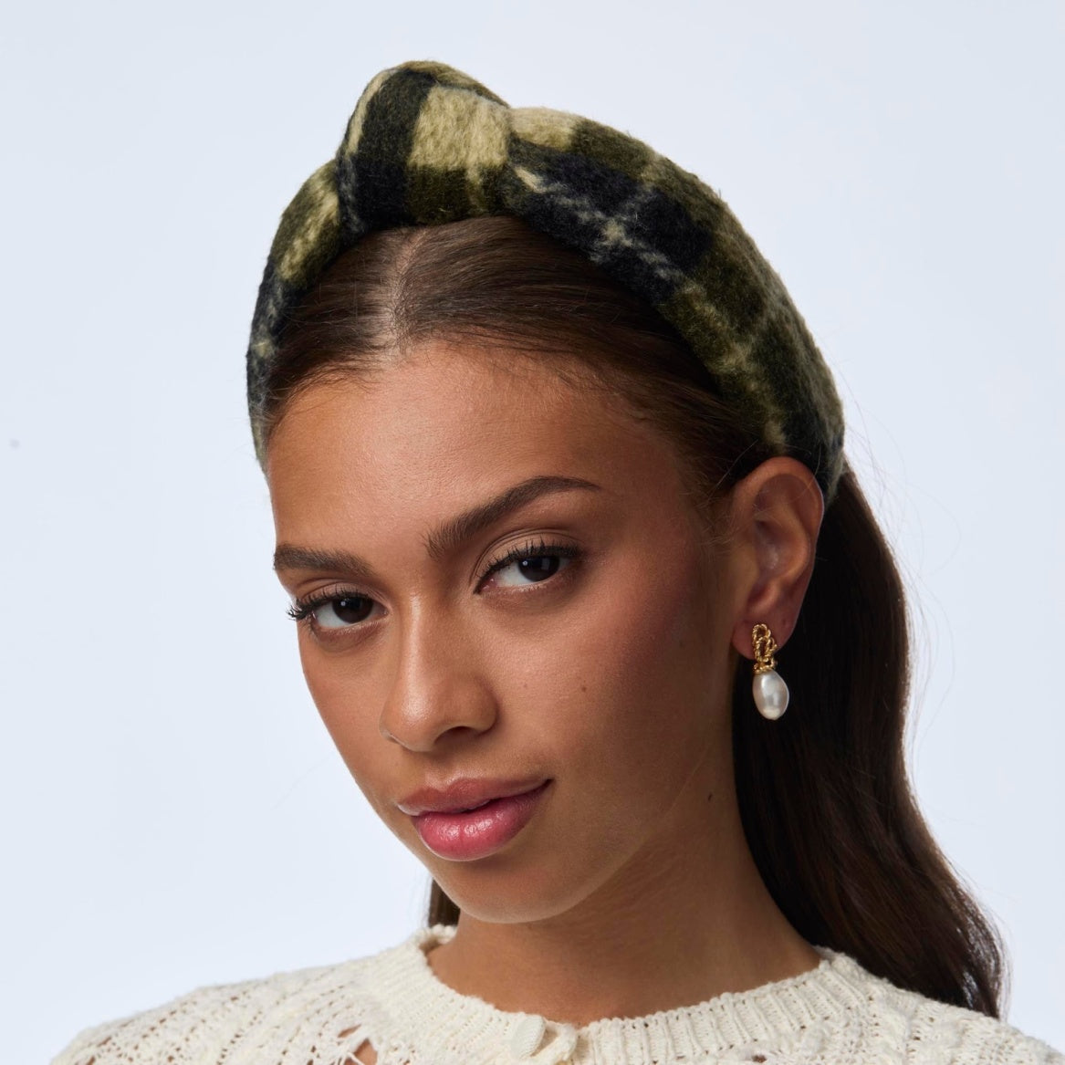 Lele Sadoughi Olive Green Knotted Harvest Plaid Headband