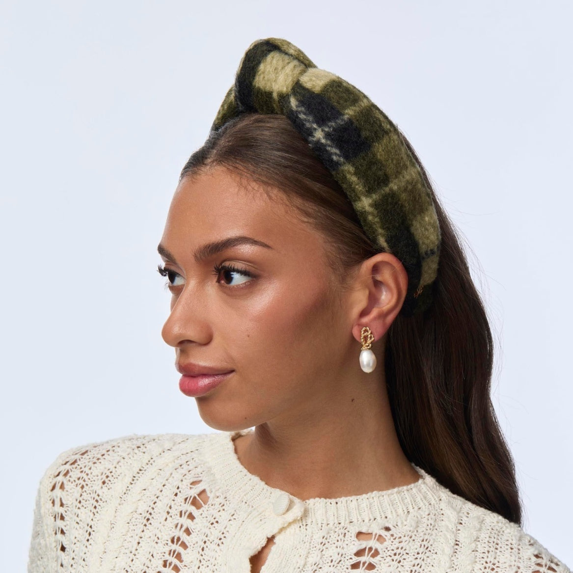Lele Sadoughi Olive Green Knotted Harvest Plaid Headband