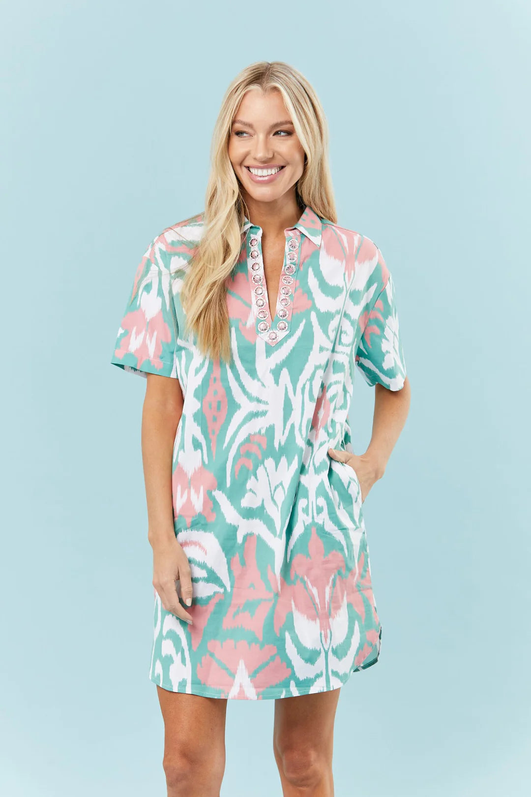 Sheridan French Rhodes Dress in Tulip - Ikat Teal + White + Pink